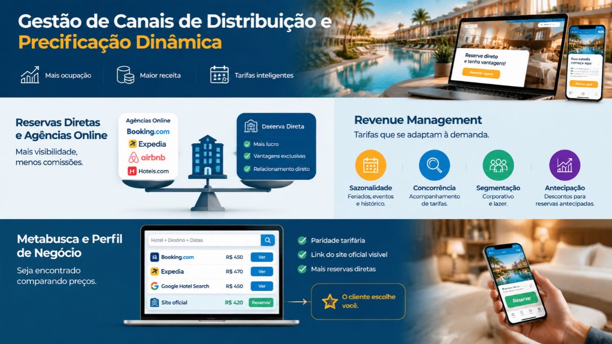 Um infográfico educativo intitulado 'Gestão de Canais de Distribuição e Precificação Dinâmica' com destaque para mais ocupação, maior receita e tarifas inteligentes. O topo exibe um laptop e smartphone com mensagens para reserva direta em um resort. O lado esquerdo mostra uma balança equilibrando Agências Online como Booking.com, Expedia, Airbnb e Hoteis.com com Reserva Direta destacando mais lucro, vantagens exclusivas e relacionamento direto. O lado direito detalha Revenue Management com quatro pilares em ícones: Sazonalidade, Concorrência, Segmentação e Antecipação. Na parte inferior, a seção Metabusca e Perfil de Negócio mostra uma tela comparando preços de OTAs com o Site Oficial mais barato em R$ 420, direcionando para um smartphone de reserva.