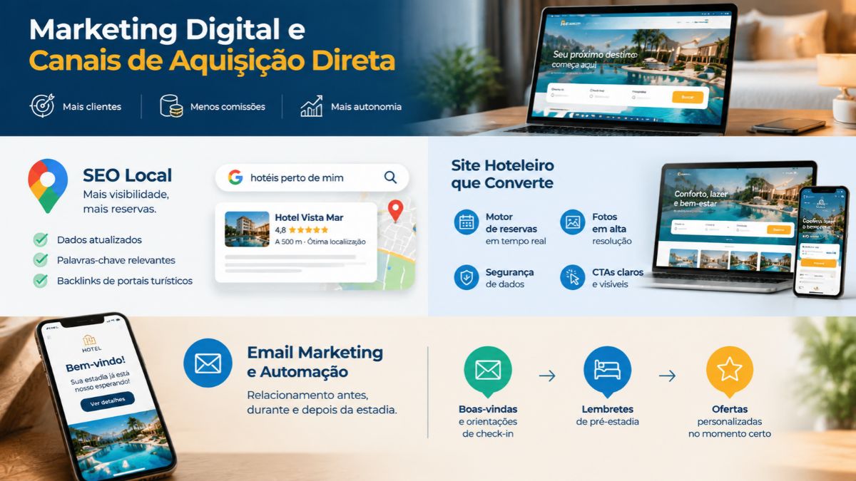 Um infográfico informativo intitulado 'Marketing Digital e Canais de Aquisição Direta' que destaca os benefícios de mais clientes, menos comissões e mais autonomia para hotéis. A imagem se divide em três áreas técnicas principais. No lado esquerdo, a seção de SEO Local exibe o ícone do Google Maps com o exemplo 'hotéis perto de mim', um card do Hotel Vista Mar com avaliação 4,8 estrelas e marcadores para dados atualizados, palavras-chave relevantes e backlinks de portais turísticos. No lado direito, a seção Site Hoteleiro que Converte mostra um laptop e um smartphone acessando o site do hotel, destacando motor de reservas em tempo real, fotos em alta resolução, segurança de dados e CTAs claros e visíveis. Na parte inferior, a área de Email Marketing e Automação traz um smartphone exibindo mensagem de boas-vindas e um fluxo em três etapas com ícones para boas-vindas com orientações de check-in, lembretes de pré-estadia e ofertas personalizadas no momento certo.