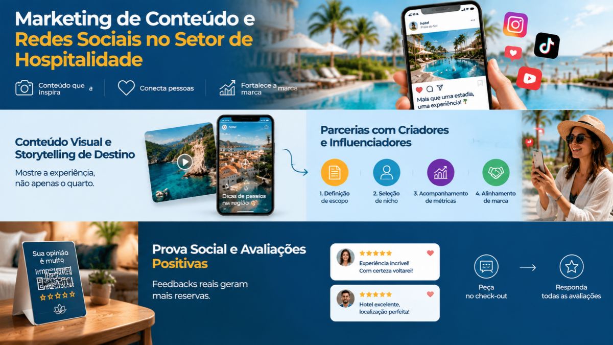 Um infográfico explicativo intitulado 'Marketing de Conteúdo e Redes Sociais no Setor de Hospitalidade' enfatizando conteúdo que inspira, conecta pessoas e fortalece a marca. O topo exibe um smartphone em primeiro plano mostrando uma publicação de praia com o texto 'Mais que uma estadia, uma experiência!' cercado por ícones do Instagram, TikTok e YouTube. O lado esquerdo aborda Conteúdo Visual e Storytelling de Destino mostrando um vídeo de paisagem litorânea e dicas de passeios na região no celular. O lado direito detalha Parcerias com Criadores e Influenciadores através de um fluxo em quatro etapas: definição de escopo, seleção de nicho, acompanhamento de métricas e alinhamento de marca, acompanhado pela imagem de uma mulher sorridente usando smartphone. Na parte inferior, a seção Prova Social e Avaliações Positivas exibe um display de mesa com código QR, avaliações de cinco estrelas de hóspedes e orientações para pedir no check-out e responder todas as avaliações.