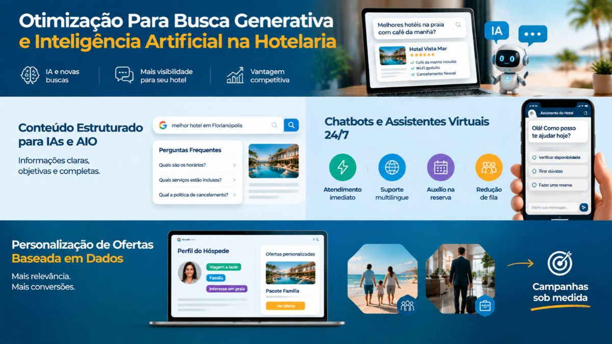 Um infográfico educativo intitulado 'Otimização Para Busca Generativa e Inteligência Artificial na Hotelaria' focado em inteligência artificial, visibilidade e vantagem competitiva. O topo exibe um laptop com a pesquisa 'Melhores hotéis na praia com café da manhã?' ao lado de um robô assistente virtual. O lado esquerdo detalha Conteúdo Estruturado para IAs e AIO com informações claras sobre horários, serviços inclusos e política de cancelamento. O lado direito apresenta Chatbots e Assistentes Virtuais 24/7 com ícones para atendimento imediato, suporte multilíngue, auxílio na reserva e redução de fila, acompanhado por um smartphone exibindo chat interativo. A parte inferior foca na Personalização de Ofertas Baseada em Dados, mostrando a tela de perfil do hóspede com tags de viagem a lazer, família e interesse em praia, gerando campanhas sob medida para viajantes a trabalho ou em família.