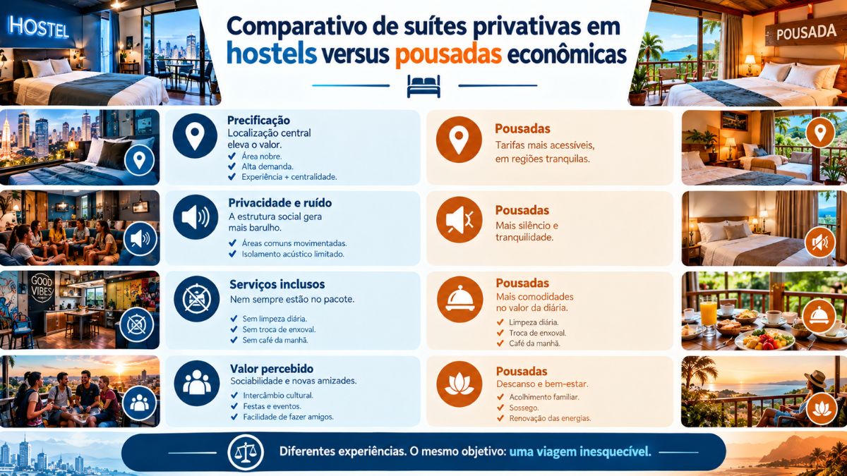 Infográfico comparativo entre suítes privativas em hostels e pousadas econômicas, detalhando precificação por localização, privacidade e ruído, serviços inclusos e valor percebido entre sociabilidade e descanso.