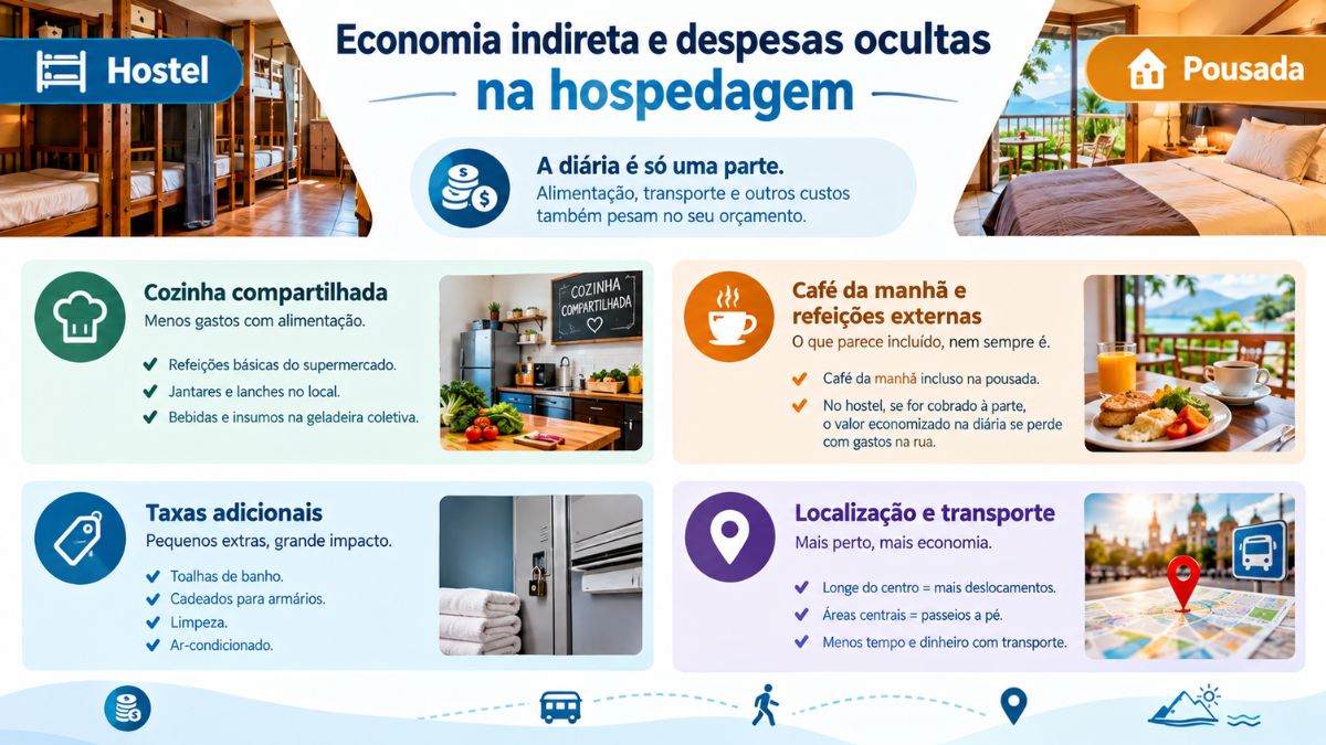 Infográfico explicativo sobre economia indireta e despesas ocultas em hospedagens, comparando cozinha compartilhada e taxas adicionais de hostels com café da manhã e localização estratégica de pousadas.