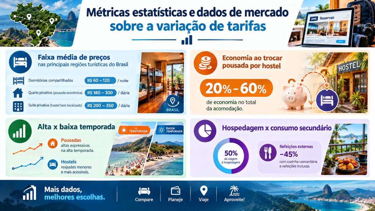 Infográfico com métricas estatísticas e dados de mercado sobre a variação de tarifas de hospedagem no Brasil, apresentando faixas de preços médios, percentual de economia, comportamento de alta e baixa temporada e proporção de gastos na viagem.