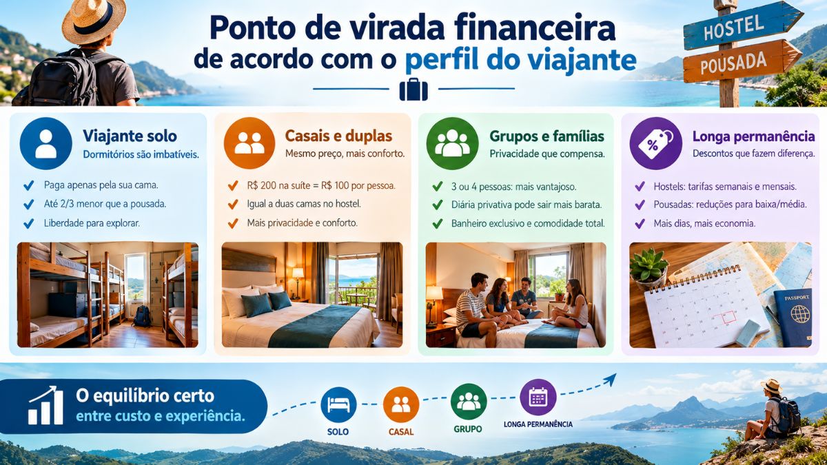 Infográfico explicativo sobre o ponto de virada financeira de acordo com o perfil do viajante, detalhando custos e vantagens para viajante solo, casais e duplas, grupos e famílias, e longa permanência em hostels e pousadas.