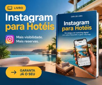 Banner promocional do livro Instagram para Hotéis de Carlos Jobs em destaque ao lado do texto Mais visibilidade Mais reservas e botão Garanta já o seu.