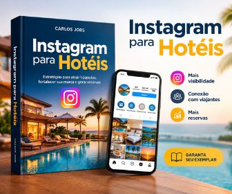Banner promocional do livro Instagram para Hotéis de Carlos Jobs ao lado de um smartphone com perfil hoteleiro sobre mesa de madeira com fundo de resort tropical.