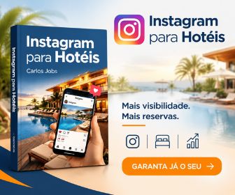 Banner promocional do livro Instagram para Hotéis de Carlos Jobs ao lado do texto Mais visibilidade Mais reservas e botão Garanta já o seu.