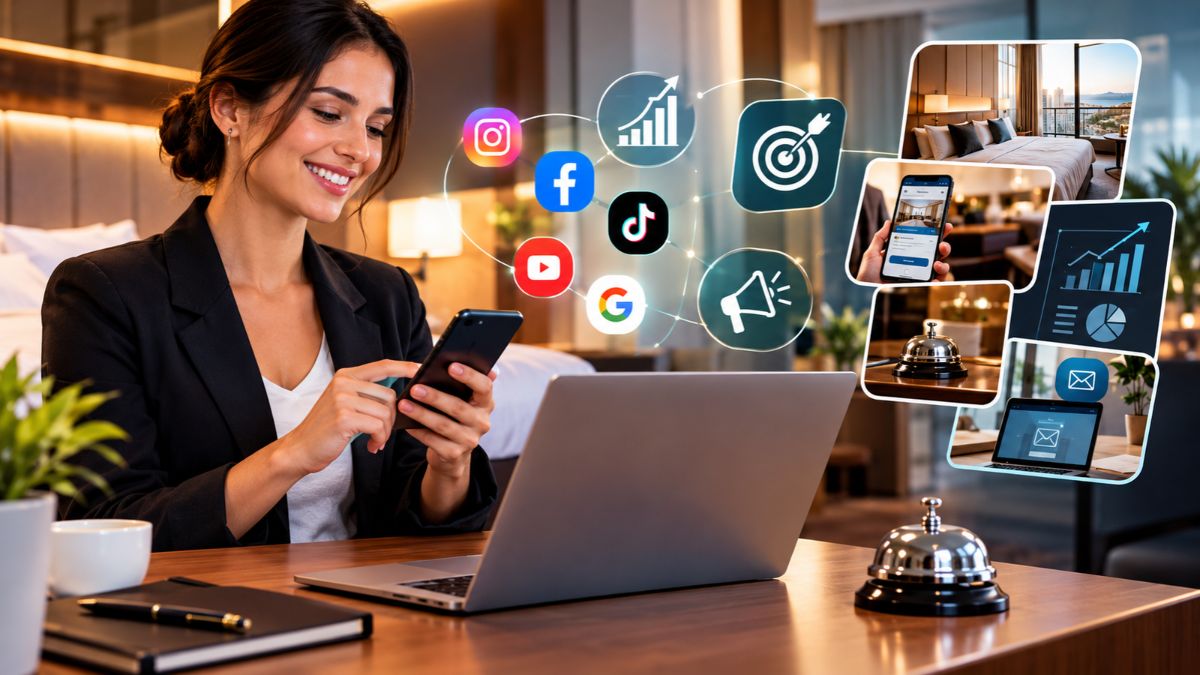 Profissional sorrindo ao usar smartphone e notebook com ícones de redes sociais, métricas de crescimento e elementos de hotelaria.