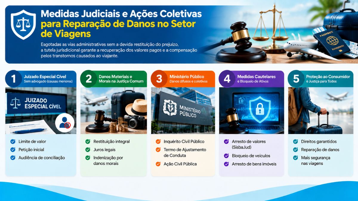 Infográfico educativo detalhando medidas judiciais e ações coletivas para reparação de danos contra empresas de turismo em cinco etapas.