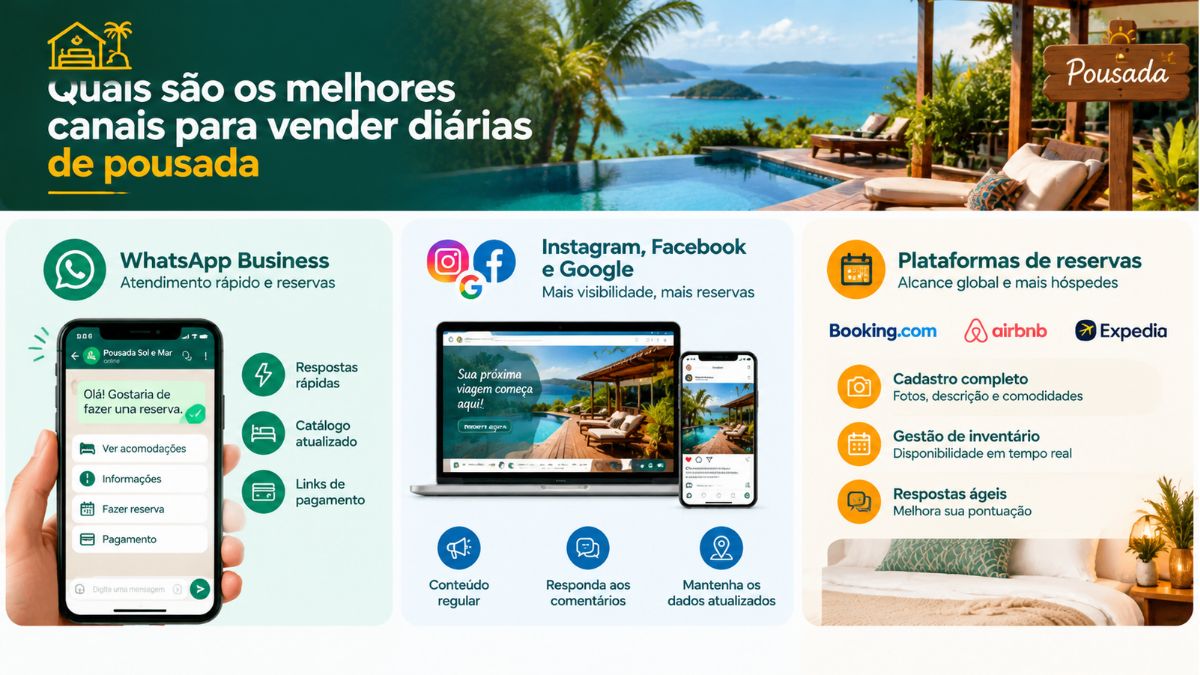 Infográfico em três colunas detalhando os melhores canais para vender diárias de pousada com destaque para WhatsApp Business, redes sociais como Instagram e Facebook, buscas no Google e plataformas virtuais de reservas.
