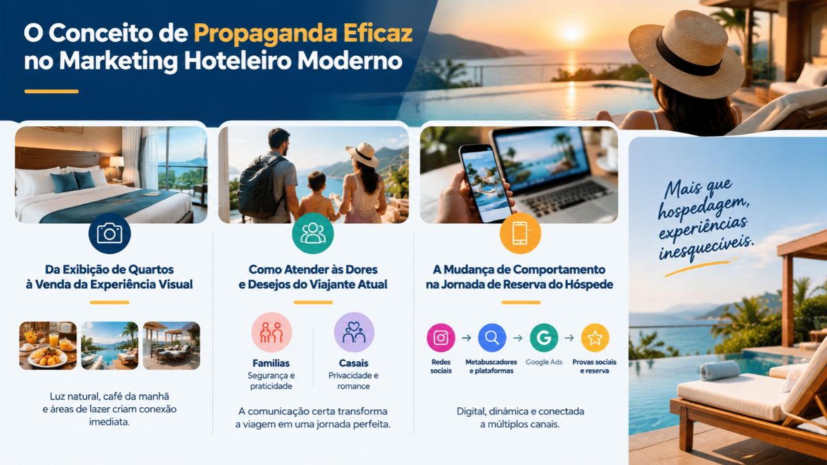 Infográfico sobre propaganda para atrair hóspedes mostrando pilares de experiência visual, atendimento aos desejos do viajante e jornada de reserva digital em hotéis.