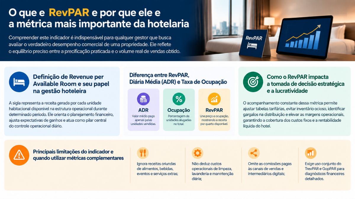 Infográfico sobre RevPAR na hotelaria, detalhando a definição de receita por quarto disponível, comparação entre diária média e ocupação, impacto na tomada de decisão estratégica e limitações operacionais.