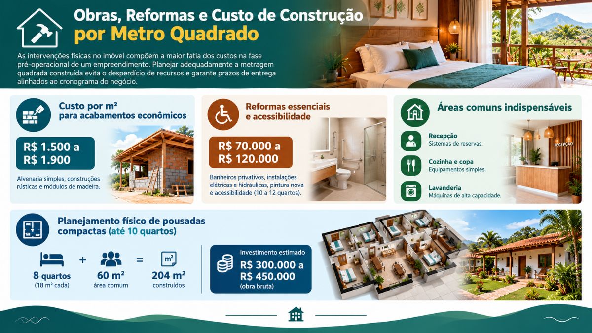 Infográfico sobre obras, reformas e custo de construção por metro quadrado em pousadas, apresentando valores de acabamentos econômicos, adaptações de acessibilidade e planejamento físico de pousadas compactas.