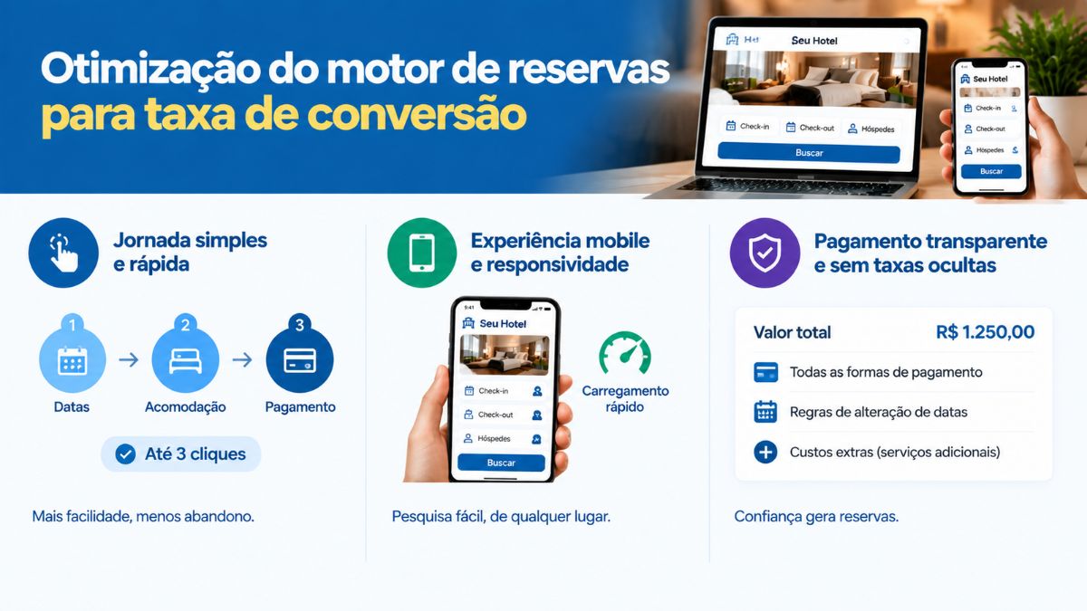 Infográfico sobre otimização do motor de reservas para taxa de conversão mostrando jornada em três cliques e tela responsiva no smartphone.