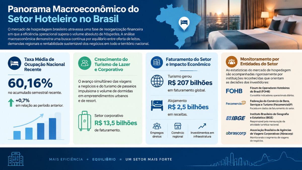 Infográfico sobre o panorama macroeconómico do setor hoteleiro no Brasil com taxa de ocupação de 60,16%, faturamento do turismo e dados do mercado.