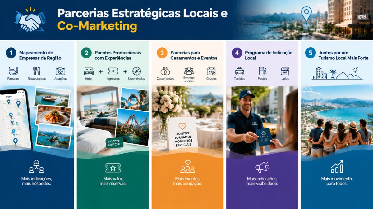 Infográfico sobre parcerias estratégicas locais e co-marketing para hotéis, destacando passeios, pacotes promocionais, eventos e programas de indicação.