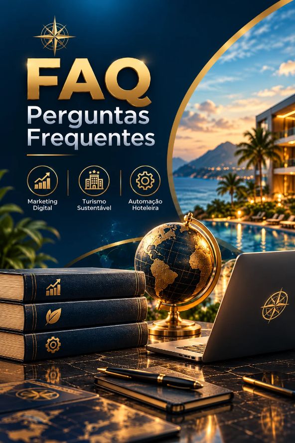 Infográfico de perguntas frequentes sobre gestão hoteleira com destaques para marketing digital, turismo sustentável e automação hoteleira.