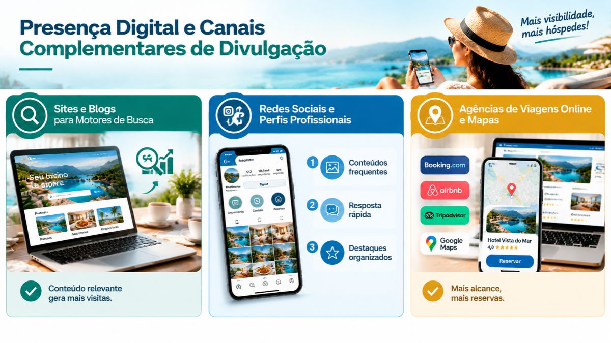 Infográfico sobre presença digital e canais complementares de divulgação para criar uma propaganda atrativa para seu hotel na internet.