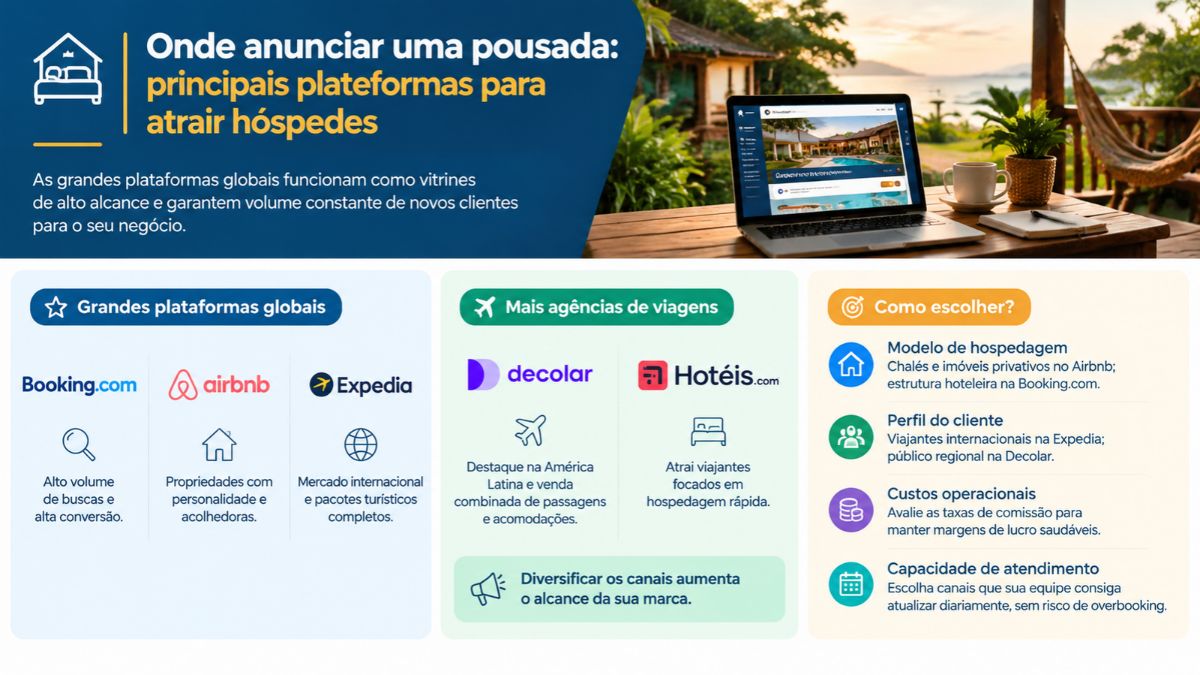 Infográfico explicativo sobre onde anunciar uma pousada com os logotipos das plataformas Booking.com, Airbnb, Expedia, Decolar e Hotéis.com, acompanhado de critérios para escolha e um notebook em ambiente praiano.