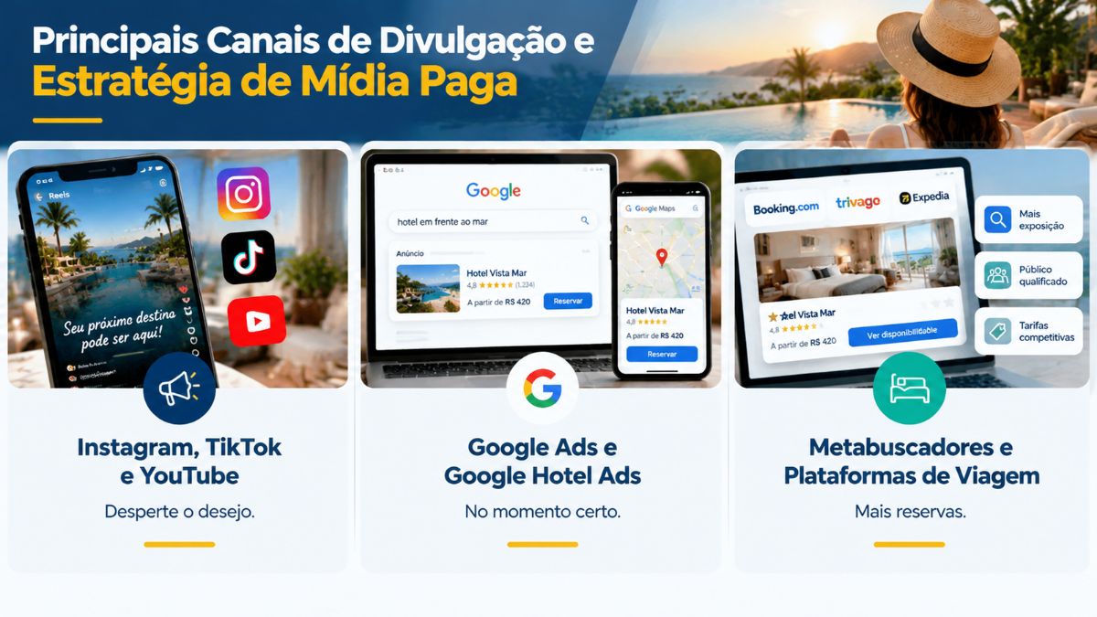 Infográfico explicativo sobre os principais canais de divulgação hoteleira mostrando anúncios em redes sociais como Instagram e TikTok, Google Ads e metabuscadores de viagem.