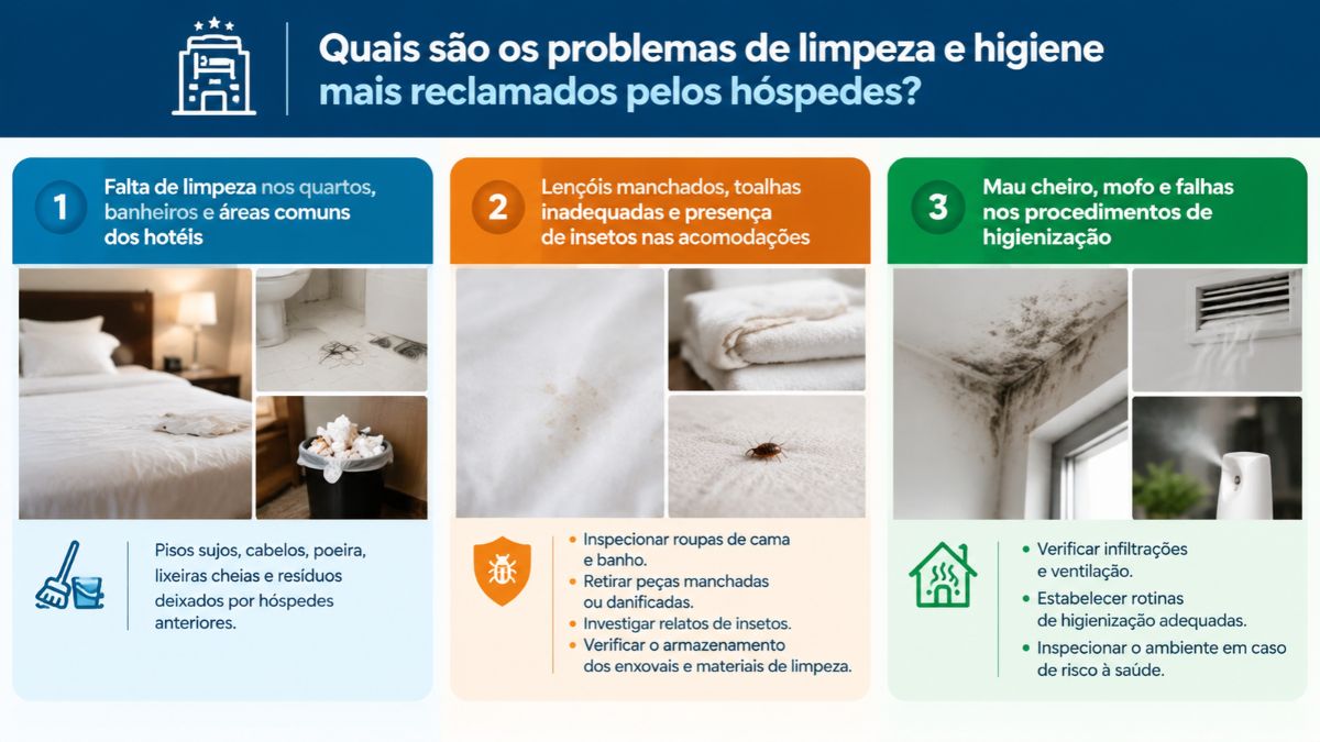 Infográfico detalhando as principais reclamações de higiene em hotéis, incluindo falta de limpeza em quartos, enxoval manchado, insetos, mofo e procedimentos para solução de cada caso.