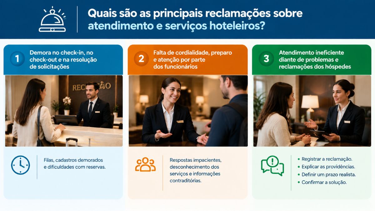 Infográfico explicativo apontando as principais reclamações de hóspedes sobre atendimento hoteleiro, incluindo lentidão no check-in, falta de preparo da equipe e gestão ineficiente de conflitos.