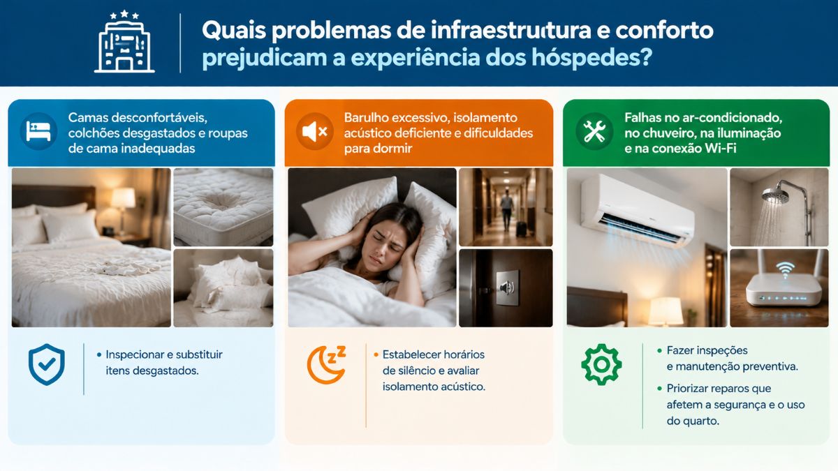 Infográfico sobre problemas de infraestrutura em hotéis, destacando camas desconfortáveis, ruído excessivo, falhas no ar-condicionado, chuveiro, iluminação e conexão Wi-Fi.
