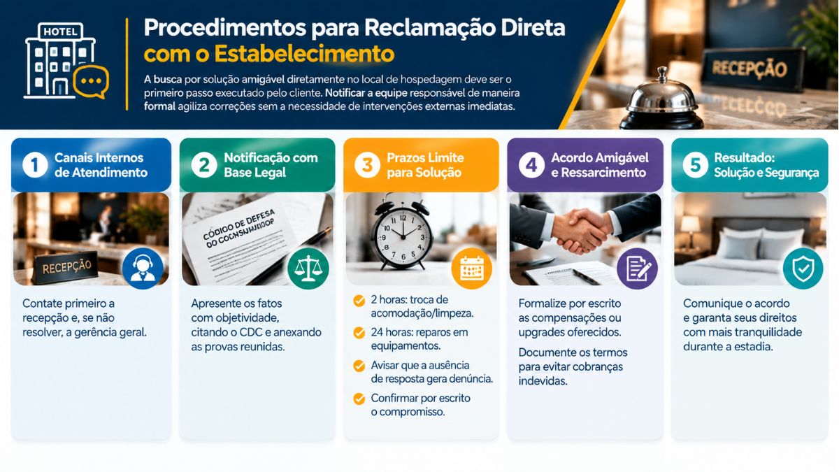 Infográfico explicativo sobre como realizar procedimentos para reclamação direta de hotel junto à recepção e gerência.