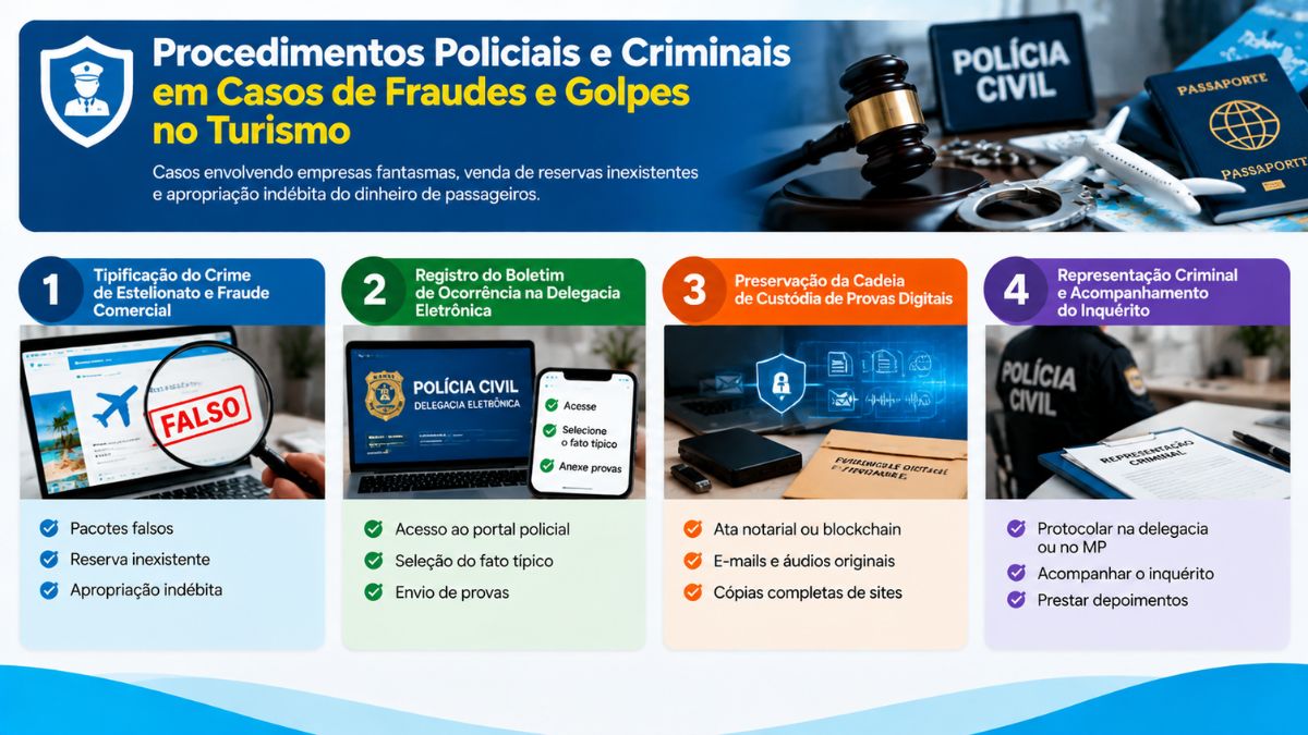 Infográfico educativo sobre procedimentos policiais e criminais para denunciar fraudes, estelionatos e golpes no setor de turismo.