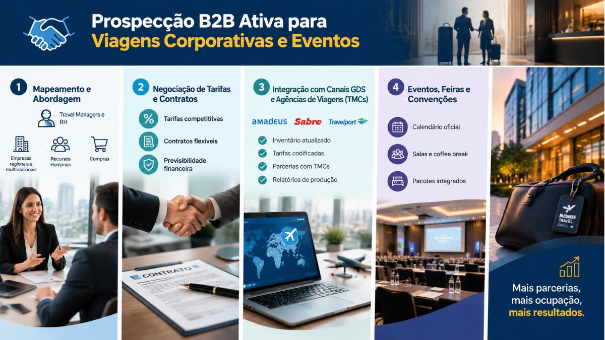 Infográfico explicativo sobre prospecção B2B ativa para viagens corporativas e eventos hoteleiros com quatro etapas estratégicas de vendas.