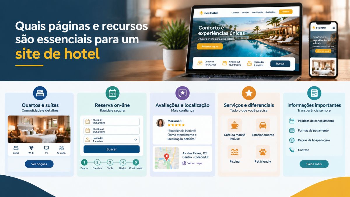 Infográfico explicativo sobre páginas e recursos essenciais para site de hotel exibindo notebook, smartphone e cinco seções com módulos de reservas, quartos, avaliações, serviços e políticas.