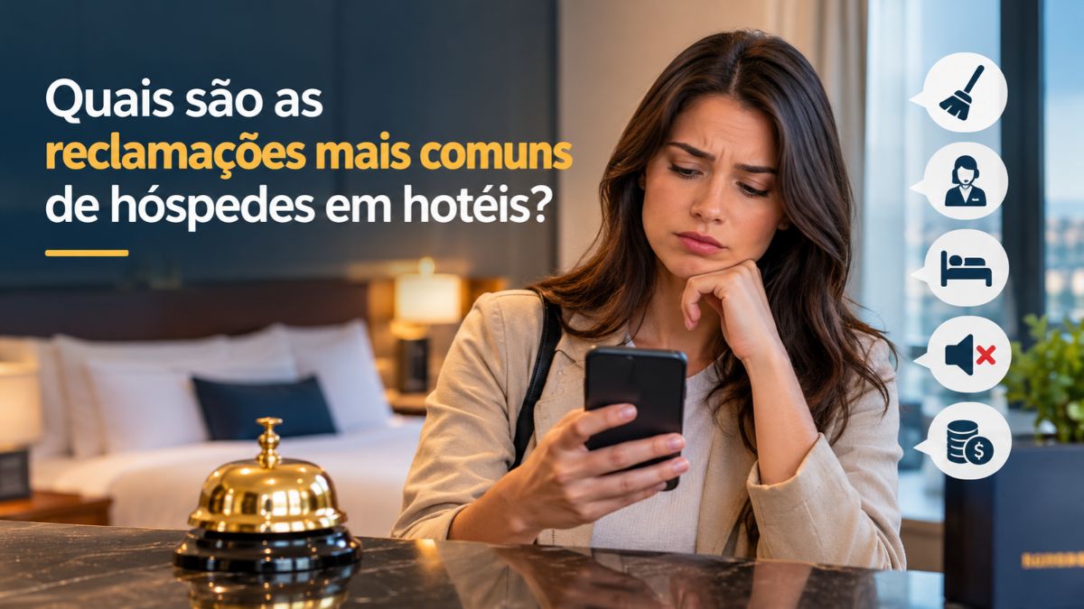 Imagem ilustrativa das reclamações mais comuns de hóspedes em hotéis, incluindo problemas de limpeza, atendimento, conforto, barulho e cobranças.
