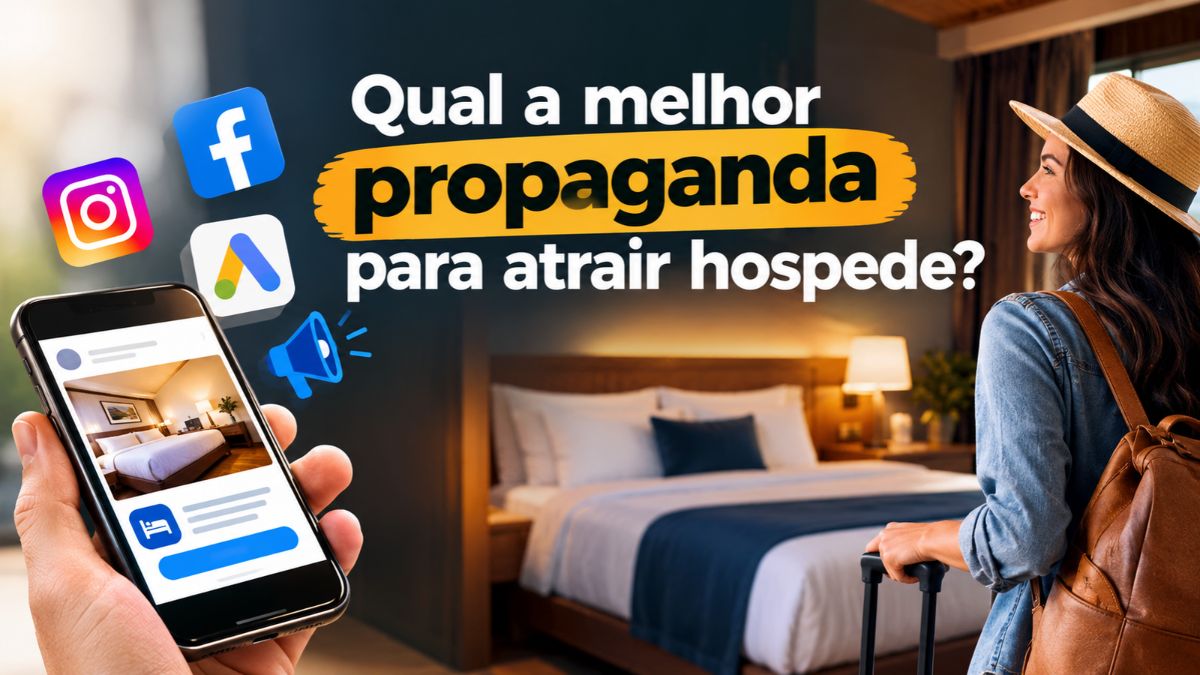 Pessoa segurando smartphone que exibe anúncio hoteleiro, ao lado de mulher com mala entrando em um quarto aconchegante com ícones do Instagram, Facebook e Google Ads.