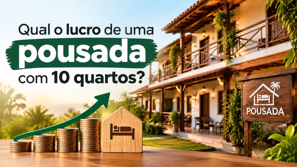 Ilustração sobre o lucro de uma pousada com 10 quartos exibindo moedas empilhadas em gráfico ascendente e fachada de pousada charmosa.