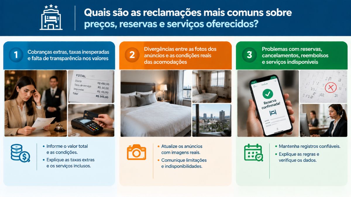 Infográfico que explica reclamações sobre preços, cobranças indevidas, divergências nas fotos das acomodações e problemas com reservas em hotéis.