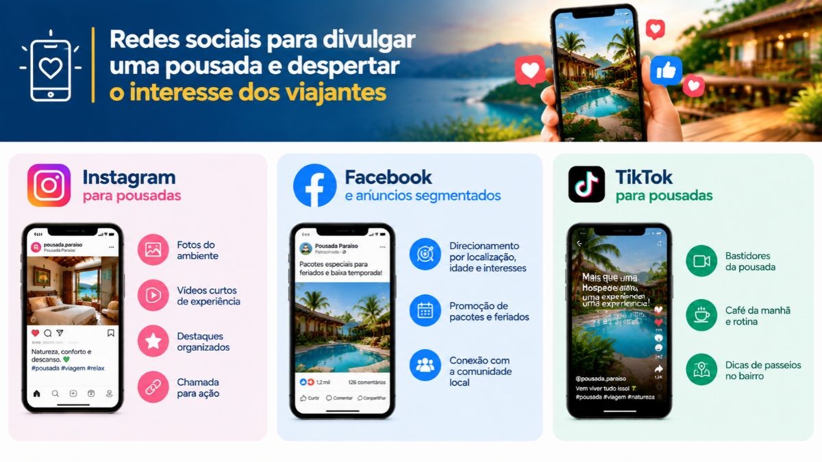 Infográfico sobre redes sociais para pousadas destacando estratégias de conteúdo e anúncios no Instagram, Facebook e TikTok com exemplos em telas de celular.