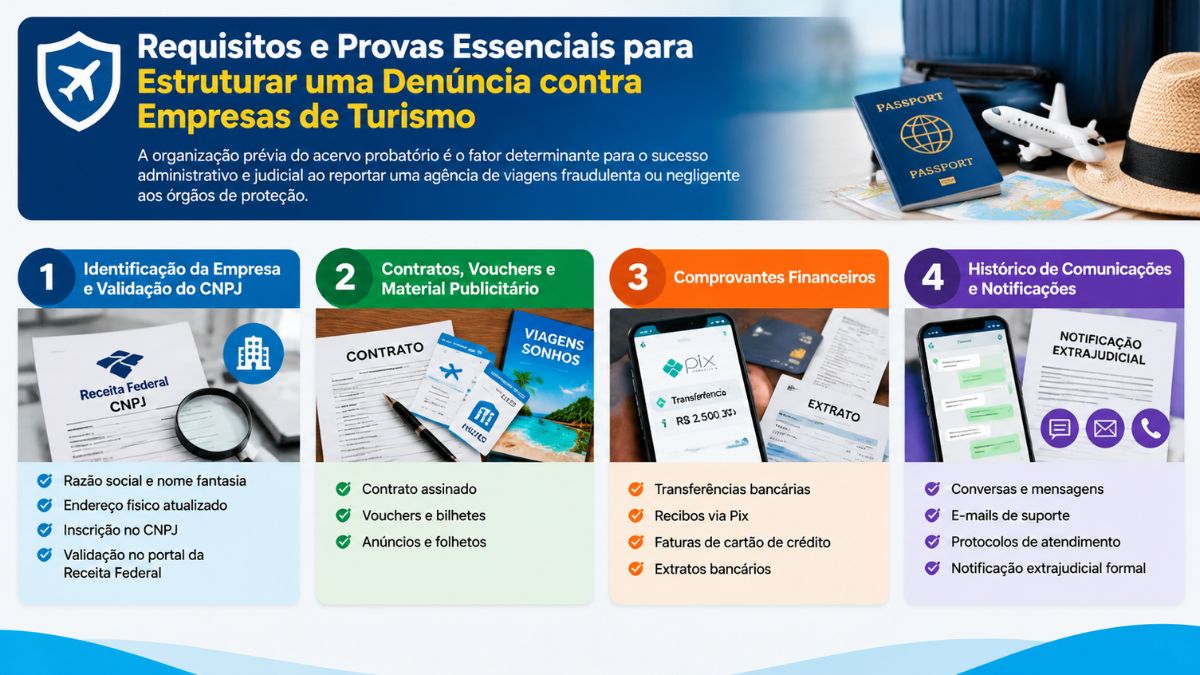 Infográfico explicativo detalhando os requisitos e provas essenciais para estruturar uma denúncia contra empresas de turismo em quatro etapas numeradas.