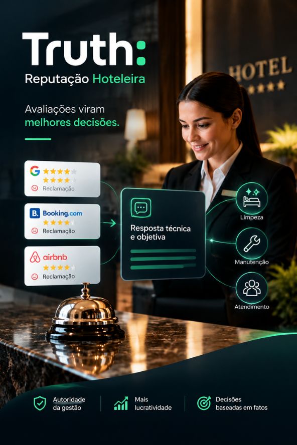 Recepcionista de hotel ao balcão com interface digital demonstrando a conversão de reclamações do Google, Booking e Airbnb em respostas técnicas fundamentadas em limpeza, manutenção e atendimento.