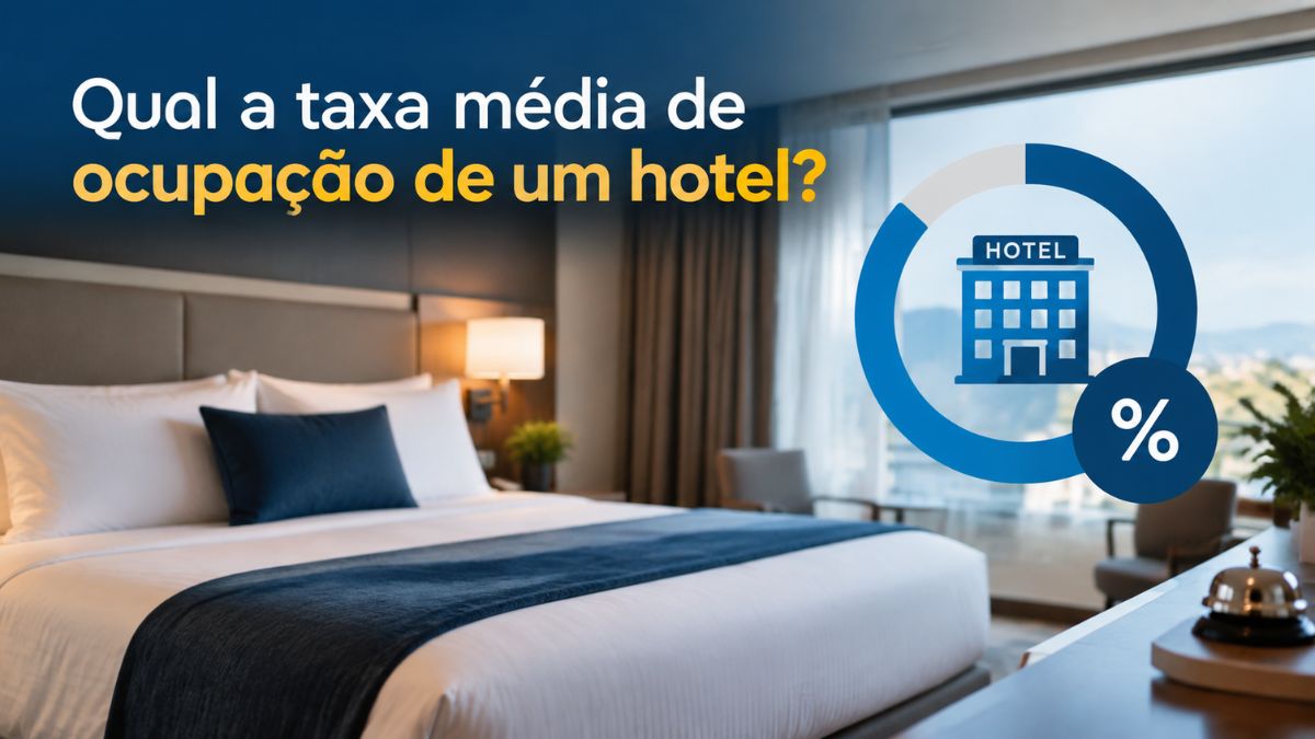 Quarto de hotel moderno e iluminado com gráfico circular de porcentagem exibindo o texto qual a taxa média de ocupação de um hotel.