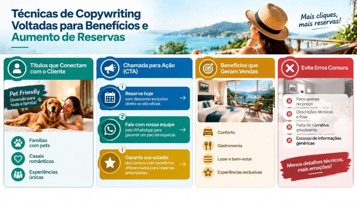 Infográfico sobre técnicas de copywriting voltadas para benefícios e aumento de reservas para criar uma propaganda atrativa para seu hotel com foco no cliente.