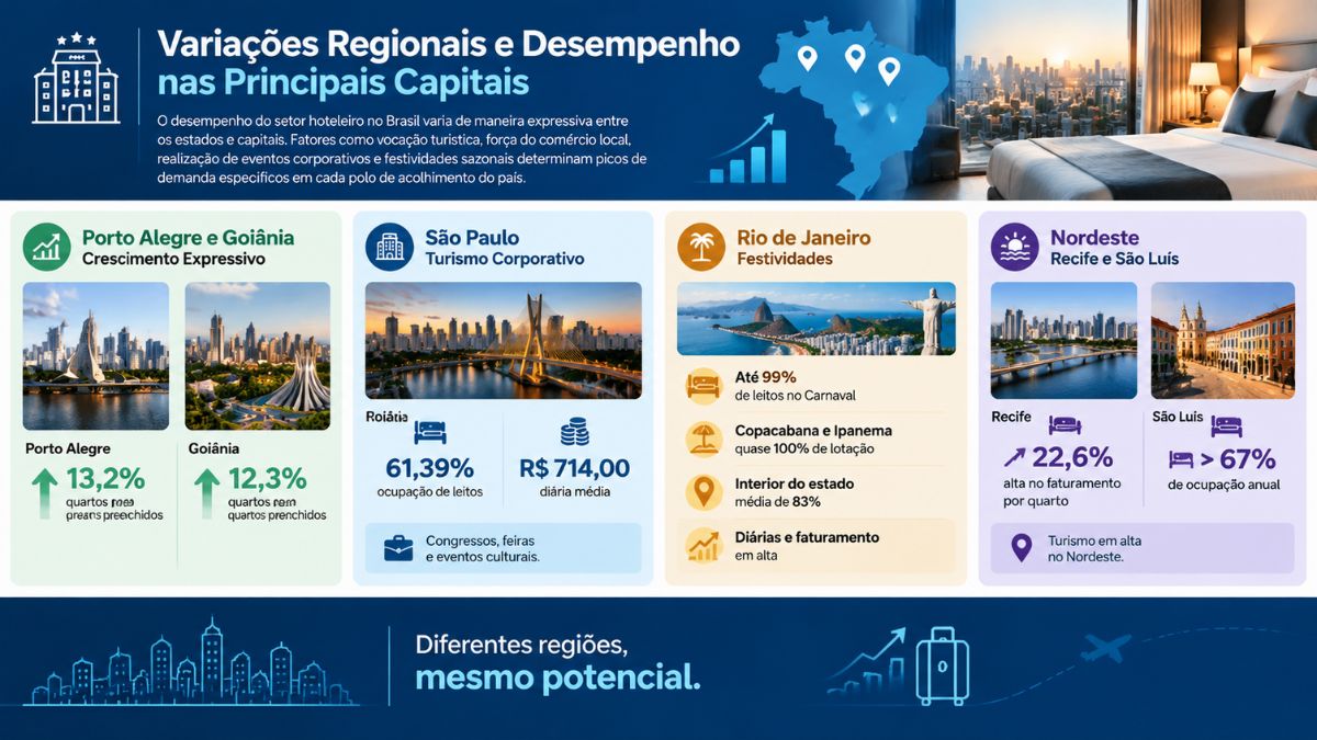 Infográfico sobre variações regionais e desempenho hoteleiro nas principais capitais do Brasil, destacando dados de Porto Alegre, Goiânia, São Paulo, Rio de Janeiro, Recife e São Luís.