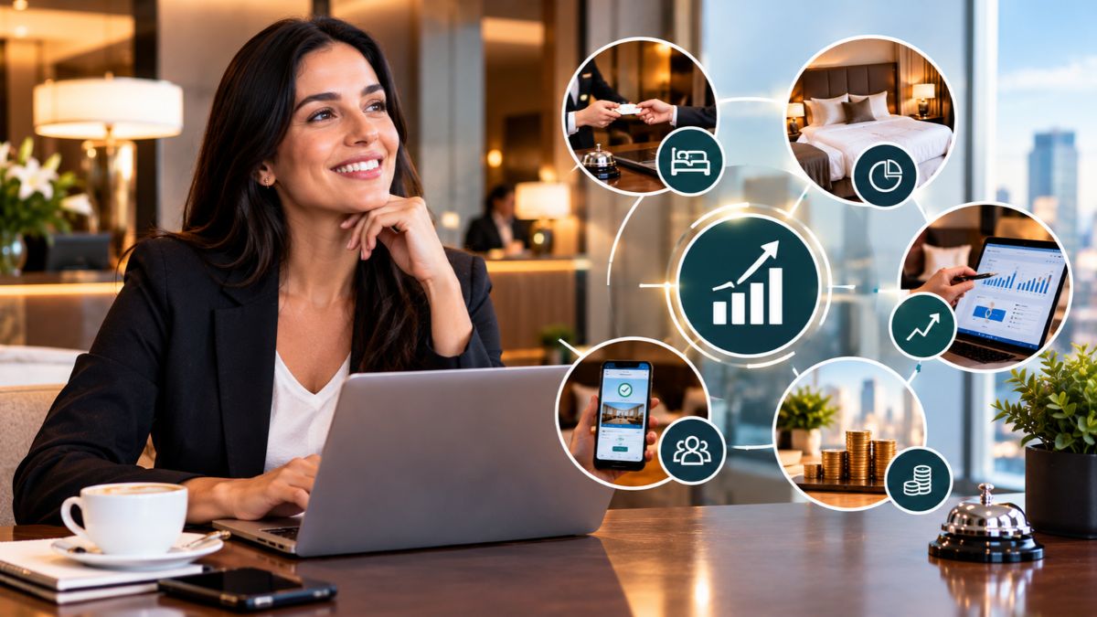 Executiva de hotelaria sorrindo ao lado de notebook com gráficos de crescimento financeiro, reservas diretas e controle de rentabilidade.